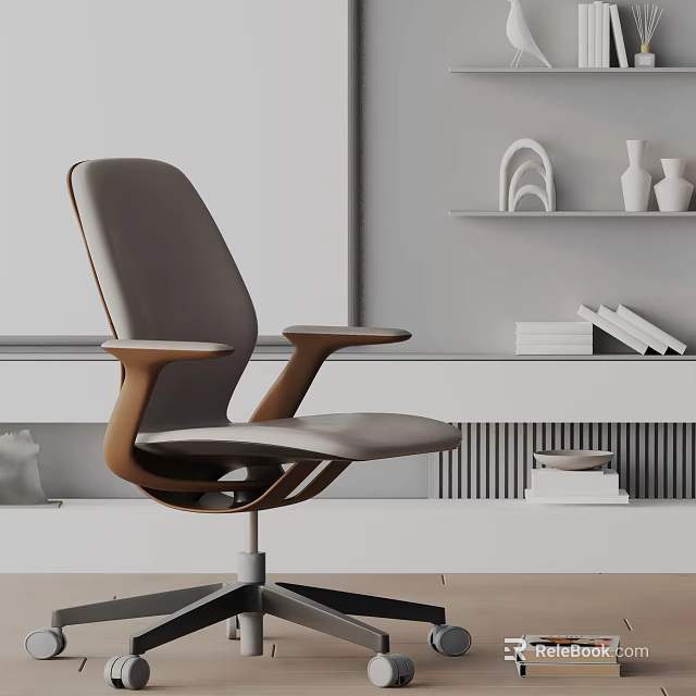 Ergonomic Modern Office Chair Design With Wooden Armrests Gray Upholstery And Swivel Base 3d model 