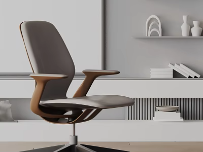 Ergonomic Modern Office Chair Design With Wooden Armrests Gray Upholstery And Swivel Base 3d model