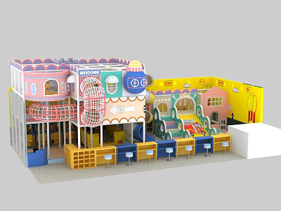 Vibrant Kids Playground with Colorful Structures Slide Climbing Area and Rest Seating 3d model