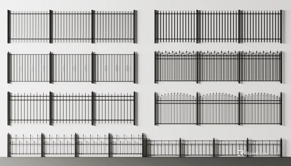 Metal Railings With Various Vertical Bar Designs And Decorative Top Patterns 3d model