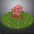 Character and Creature Pixel Style Cube Structure on Green Grass with Pink Flowers