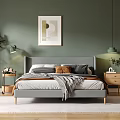 Modern Double Bed Interior With Dark Green Wall Wooden Floor Minimalist Art And Plants