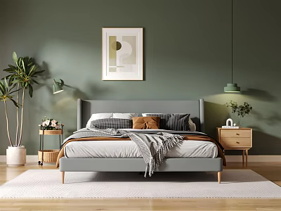Modern Double Bed Interior With Dark Green Wall Wooden Floor Minimalist Art And Plants 3d model