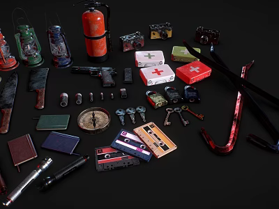 Retro Adventure Themed Playground Equipment With Vintage Kerosene Lamp Compass And First Aid Kit 3d model