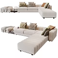 Modern Beige Sectional Sofa With Multiple Decorative Cushions And Ottoman 3d model