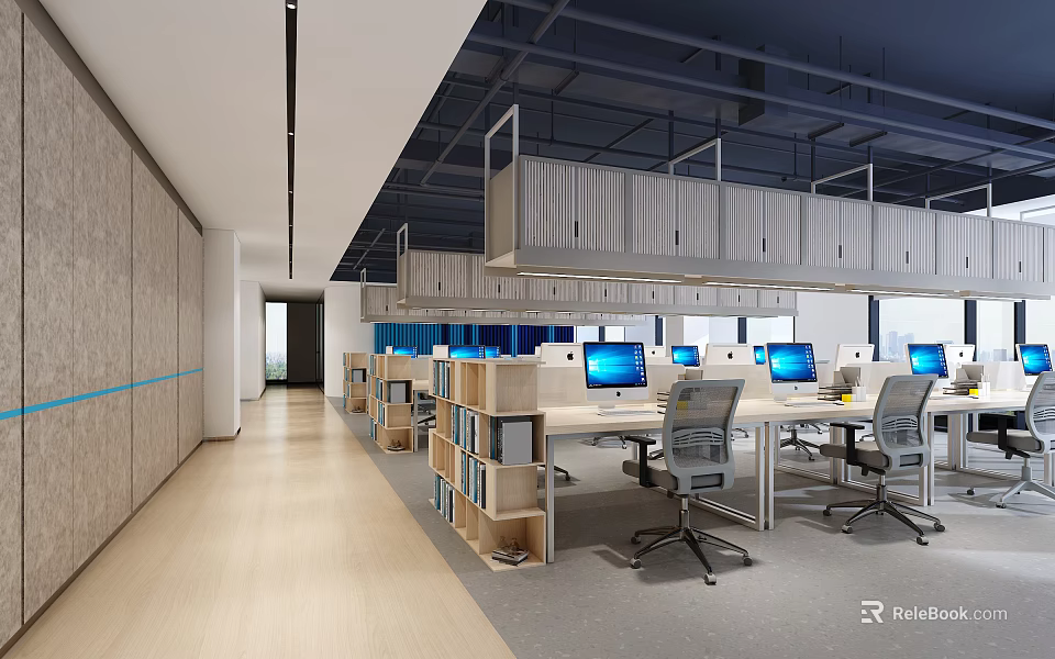 Modern Public Office Space With Open Workstations Computers Ergonomic Chairs And Hanging Storage Cabinets 3d model