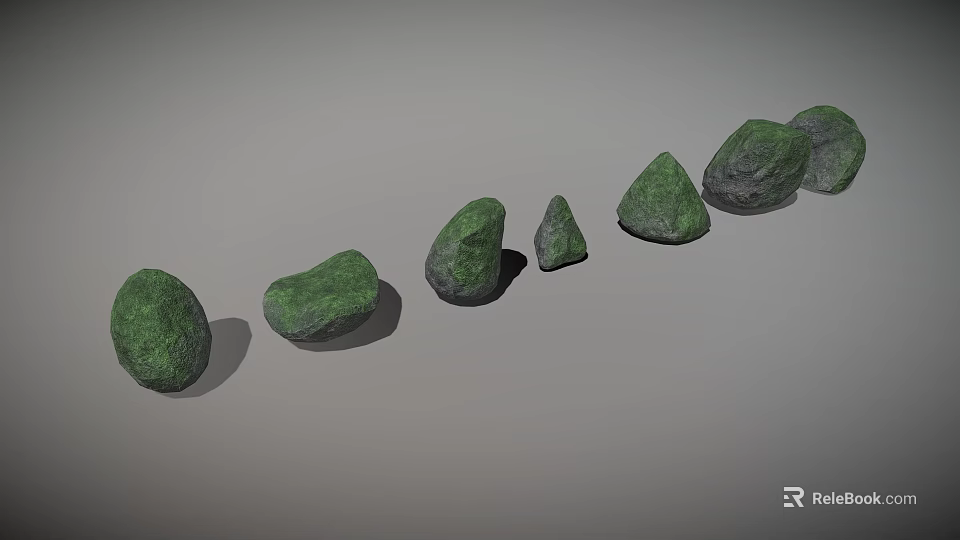 Natural Green Stone Specimens with Various Shapes Sizes Arranged in Row for Decoration 3d model 