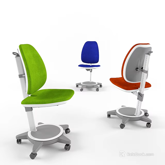 Modern Adjustable Kids Chair with Colorful Green Blue Orange Seats and Wheels 3d model 