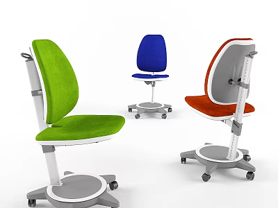 Modern Adjustable Kids Chair with Colorful Green Blue Orange Seats and Wheels 3d model