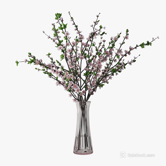 Elegant Ornament Decoration Set With Glass Vase Pink Blossoms And Green Leaves For Home Decor 3d model 