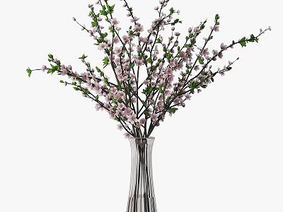 Elegant Ornament Decoration Set With Glass Vase Pink Blossoms And Green Leaves For Home Decor 3d model