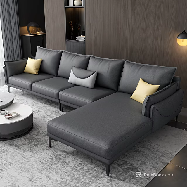 Modern Gray Sofa with Yellow Gray Cushions and Round Coffee Table in Living Room 3d model 