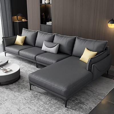 Modern Gray Sofa with Yellow Gray Cushions and Round Coffee Table in Living Room 3d model