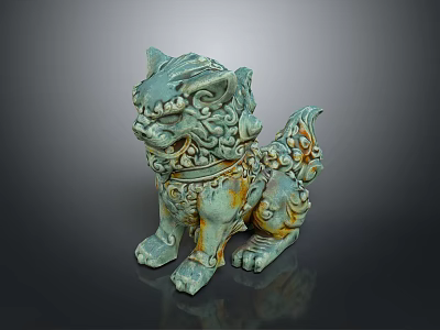 Traditional Mythical Lion Statue With Blue Green Hue And Intricate Carvings 3d model