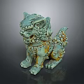 Traditional Mythical Lion Statue With Blue Green Hue And Intricate Carvings