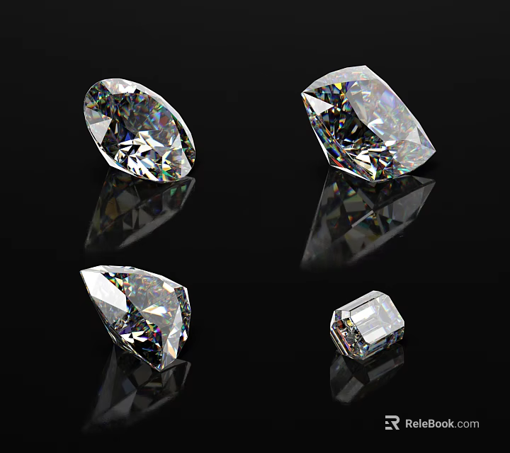 Sparkling Diamond Jewelry Featuring Four Various Cut Shapes With Faceted Surfaces On Black Background 3d model 