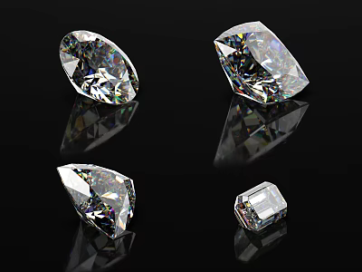 Sparkling Diamond Jewelry Featuring Four Various Cut Shapes With Faceted Surfaces On Black Background 3d model