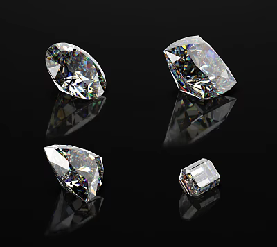 Sparkling Diamond Jewelry Featuring Four Various Cut Shapes With Faceted Surfaces On Black Background 3d model