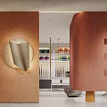 Modern Luxury Display Space With Colorful Items Display Cabinets White Counter Chairs And Plants
