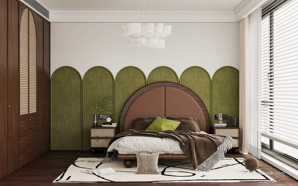Elegant Bedroom Interior Design With Green Arched Wall Brown Headboard Linen Bedding And Pendant Light 3d model 