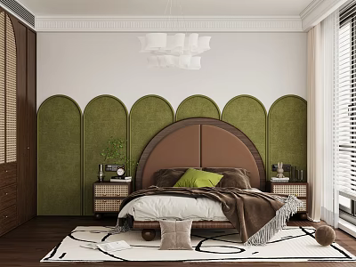 Elegant Bedroom Interior Design With Green Arched Wall Brown Headboard Linen Bedding And Pendant Light 3d model