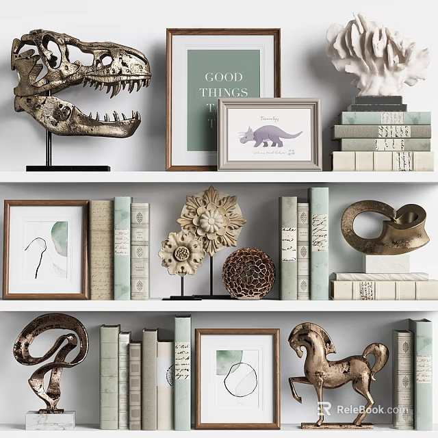 Decorative Ornament Set With Dinosaur Skull Framed Art Stacked Books And Metal Horse Figurine 3d model 