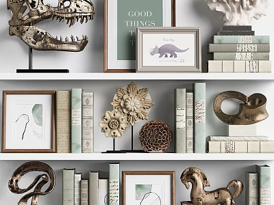 Decorative Ornament Set With Dinosaur Skull Framed Art Stacked Books And Metal Horse Figurine 3d model