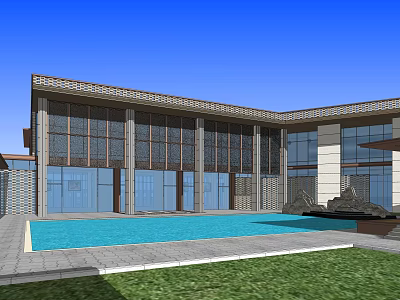 Modern Architectural Exterior With Large Glass Windows Grille Design And Front Swimming Pool 3d model