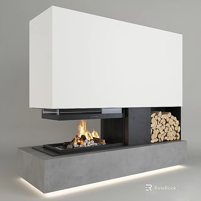 Modern White Fireplace Interior with Burning Flames and Stacked Wood 3d model 