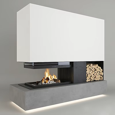 Modern White Fireplace Interior with Burning Flames and Stacked Wood 3d model