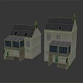 Two Story Traditional House Models With Gray Roofs White Walls Awning Windows And Chimneys