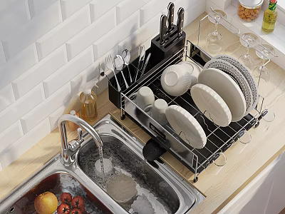 Modern Kitchen Design Featuring Sink Plates Utensils Glasses White Tiles And Cabinets On Light Countertop 3d model
