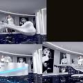 Modern White Curved Reception Desk With Marble Floor And Portrait Paintings