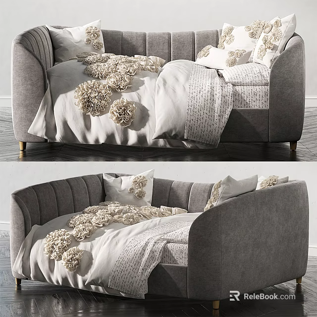 Modern Gray Double Sofa With Soft Knitted Blanket And Decorative Pillows 3d model 
