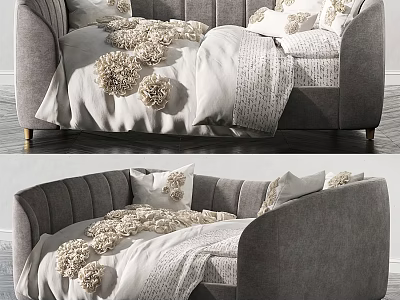 Modern Gray Double Sofa With Soft Knitted Blanket And Decorative Pillows 3d model