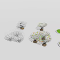 Multiple Tree Planters In Landscape Design With Circular Base And Green Leaf Elements 3d model