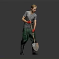 A Man Holding Shovel Wearing Gray T Shirt Green Pants And Red Gloves
