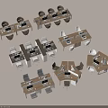 Modern Office Desks With Various Layouts Featuring Computers And Chairs In Workspace 3d model