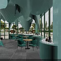 Light Green Lounge Area Interior With Wavy Ceiling Round Tables Green Chairs And Plants