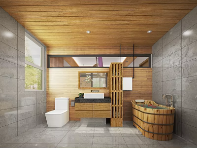 Relaxing SPA Sauna Interior With Wooden Ceiling Stone Walls And Barrel Bathtub 3d model