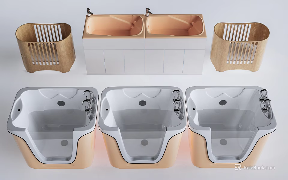 Modern Bathtub Designs With Beige And White Finish And Wooden Baskets 3d model 