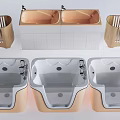 Modern Bathtub Designs With Beige And White Finish And Wooden Baskets