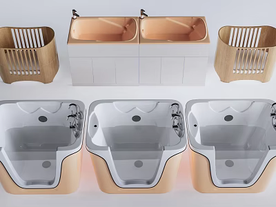 Modern Bathtub Designs With Beige And White Finish And Wooden Baskets 3d model