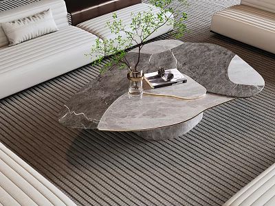 Modern Irregular Design Coffee Table With Marble Top And Green Plant Near Sofa On Striped Rug 3d model