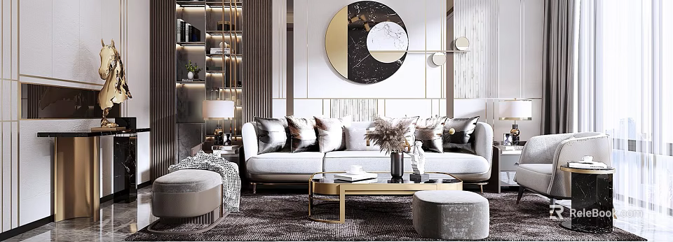 Elegant Modern Living Room Interior With Light Sofa Pillows Coffee Table And Decorative Mirror 3d model 