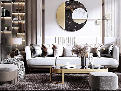 Elegant Modern Living Room Interior With Light Sofa Pillows Coffee Table And Decorative Mirror 3d model