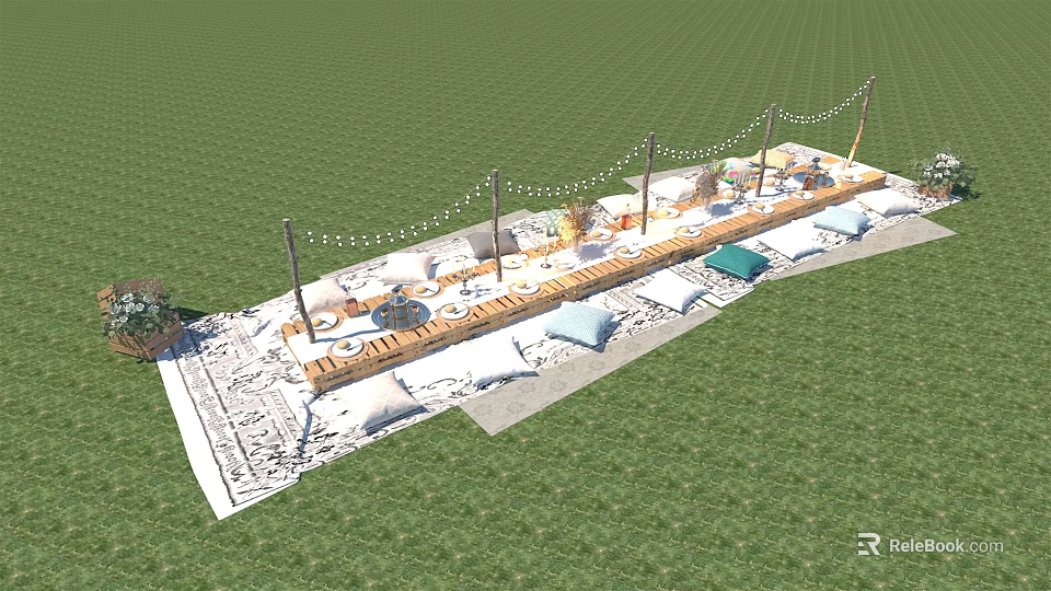 Outdoor Dining Table Setup With String Lights Wooden Poles And Cushions On Grass 3d model