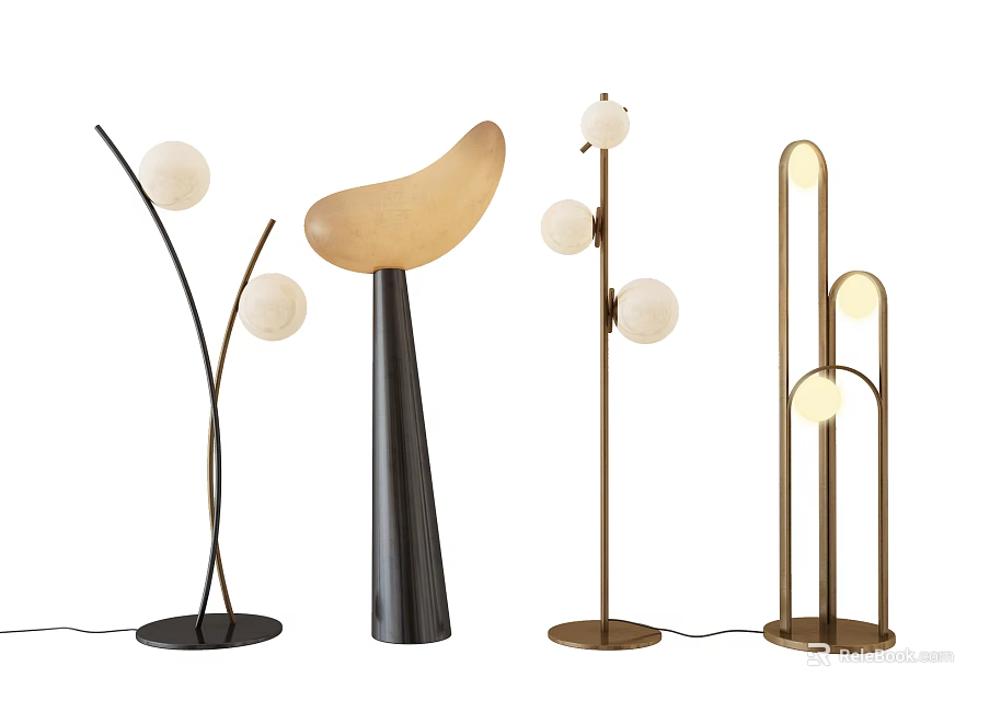Modern Floor Lamps Featuring Various Designs Curved Frames And Spherical Shades 3d model