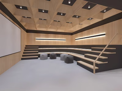 Modern Conference Room With Wooden Walls Stepped Seating Projection Screen And Gray Cushions 3d model