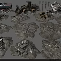 Damaged Cars Bulldozer Scattered Broken Construction Rubble Debris Field Scene